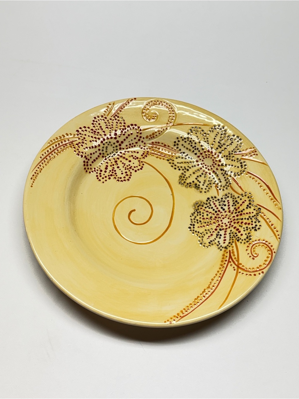 Pier 1 Floral Dot Dinner Plate Hand Painted Earthenware Yellow Floral Boho